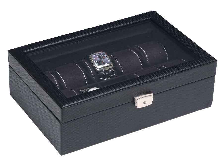(10) Carbon Fiber Pattern Leather Watch Box with Glass Top Watch Box Co.
