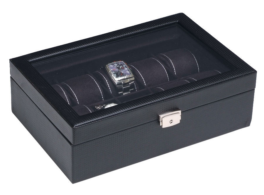 (10) Carbon Fiber Pattern Leather Watch Box with Glass Top - Watch Box Co. - 2