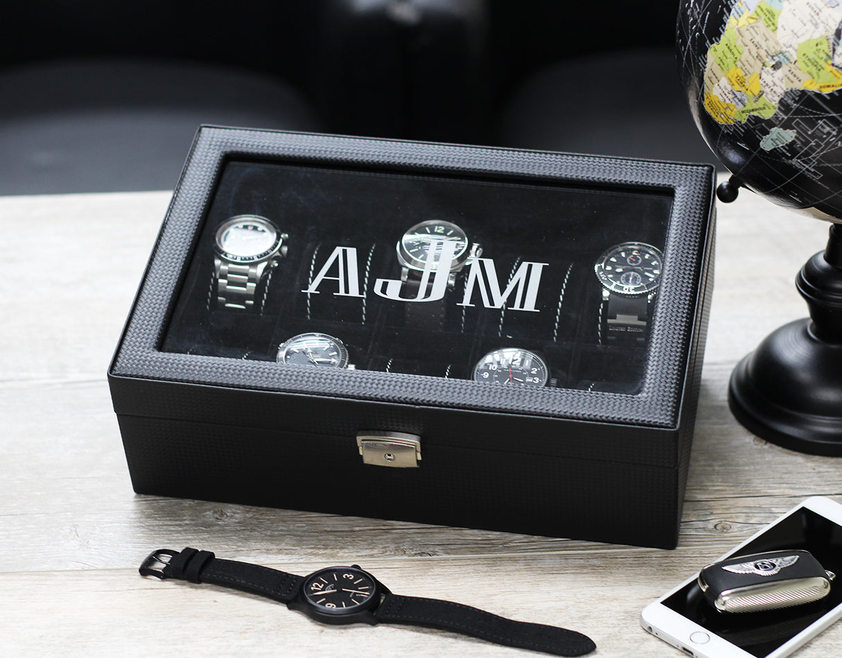 (10) Carbon Fiber Pattern Leather Watch Box with Glass Top