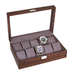 Load image into Gallery viewer, 10-Piece Glass Top Watch Case with Wood Grain Design and Grey Faux Suede Interior

