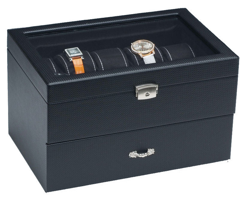 (20) Carbon Fiber Pattern Leather Watch Box with Glass Top - Watch Box Co. - 2