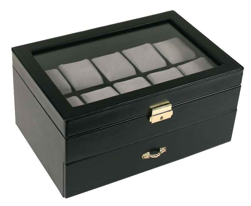 (20) Black Leather Watch Box with Clear Glass Top and Grey Velvet