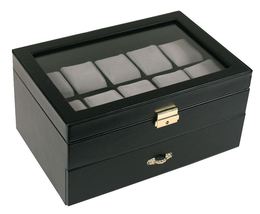(20) Black Leather Watch Box with Clear Glass Top - Watch Box Co. - 2