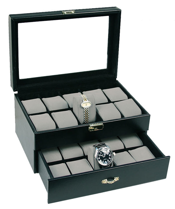 (20) Black Leather Watch Box with Clear Glass Top - Watch Box Co. - 1