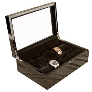 (10) Piano Black Wood Watch Box with Glass Top - Watch Box Co. - 1