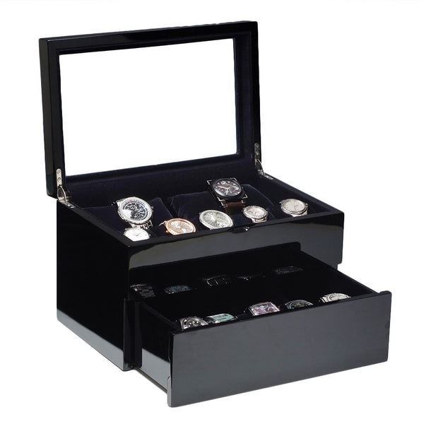 (17) Piano Black Wood Watch Box with Glass Top - Watch Box Co. - 1