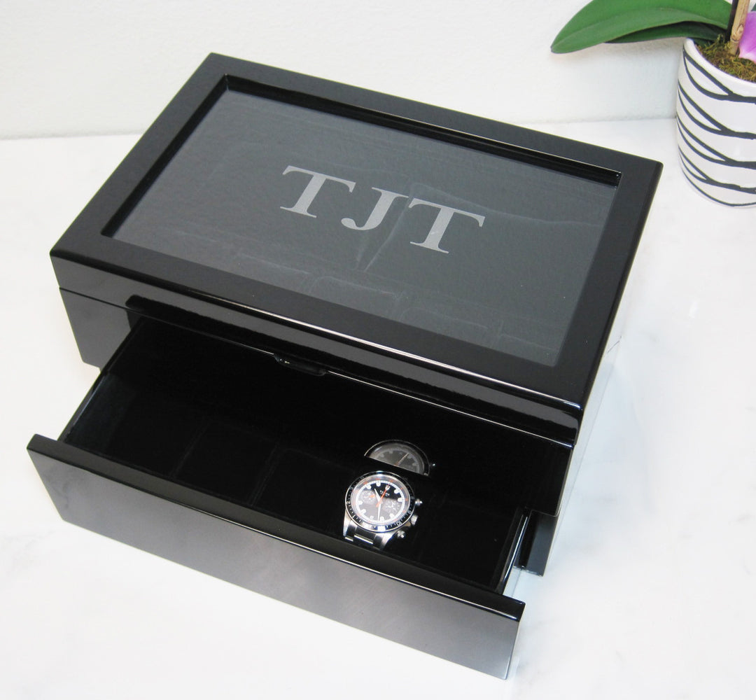 (17) Piano Black Wood Watch Box with Glass Top - Watch Box Co. - 2