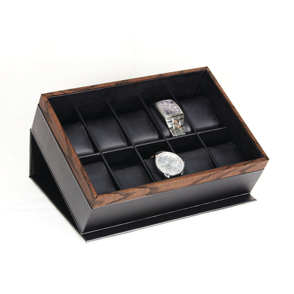 10 Carbon Fiber Watch Box with Wood Grain Trim