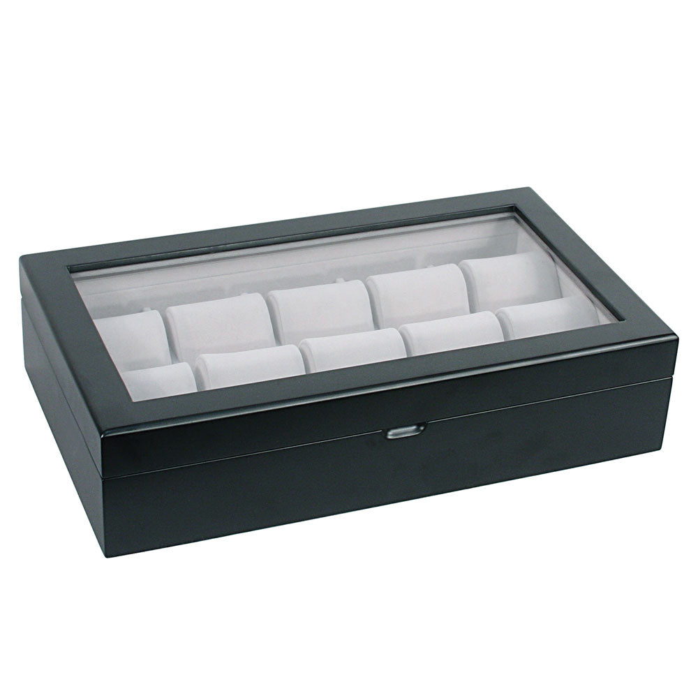 10 Satin Black Finish Wood Watch Box with Glass Top