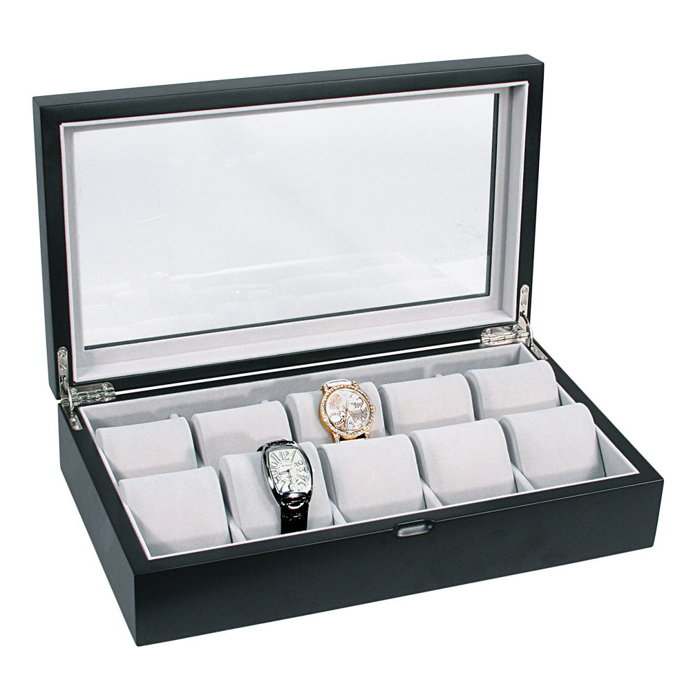 10 Satin Black Finish Wood Watch Box with Glass Top