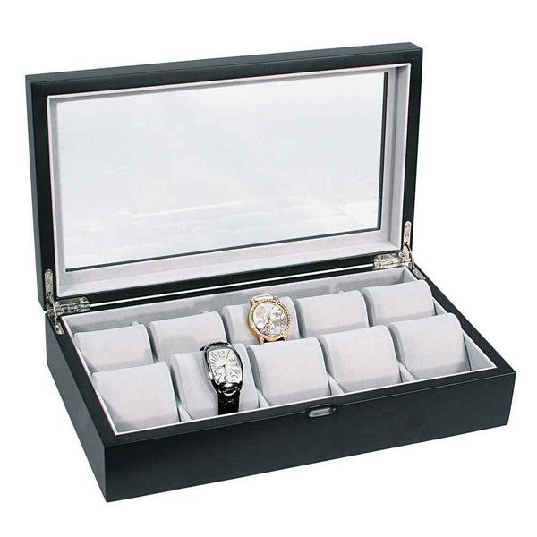 10-Piece Modern Wood Watch Box with Glass Top in Satin Black