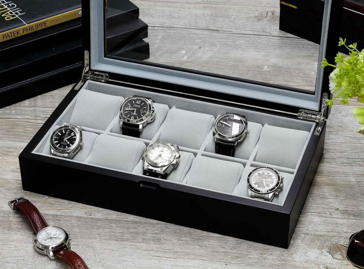 Modern Wood Watch Box - 10-Piece Satin Black Design with Glass Top ...